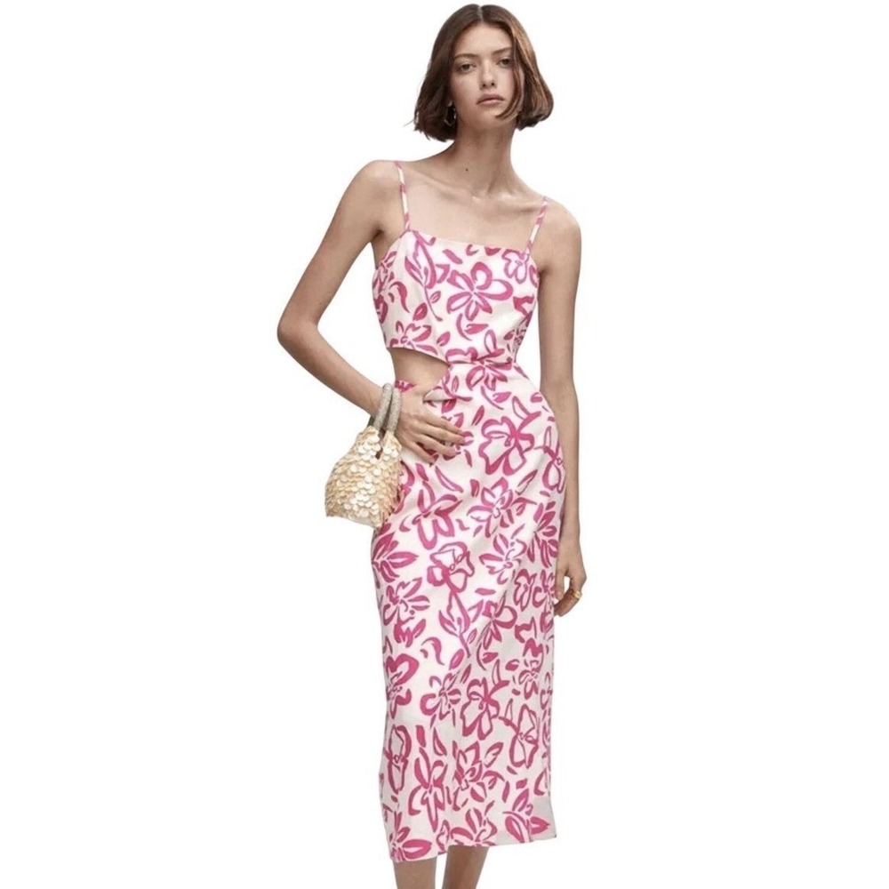 MANGO Floral Cutout‎ Linen-Blend Midi Dress Size 2 - Pink/White Floral NEW